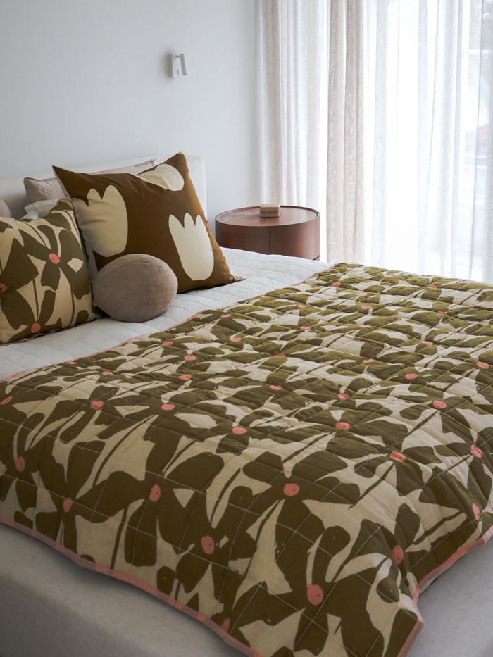 Olive Poppy Quilted Throw