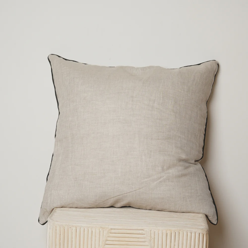100% French Flax Linen Piped Feather Filled Cushion - Natural Oat/Black
