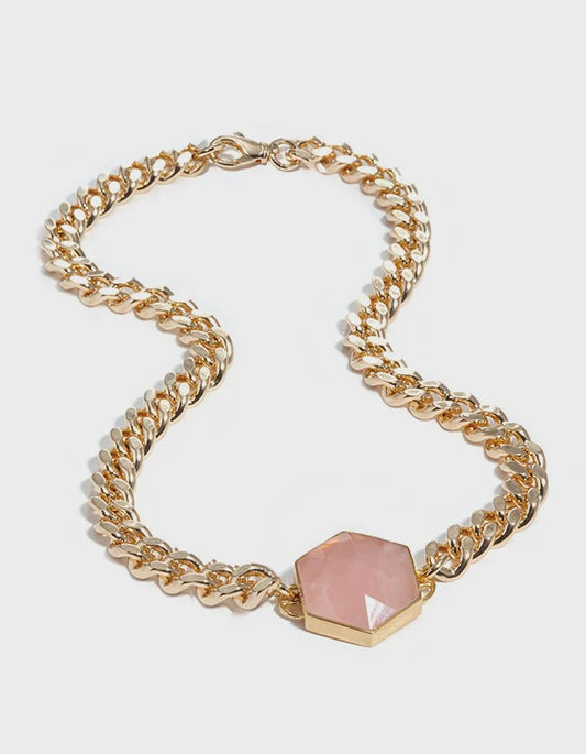 Rose Quartz Gold Hexagon Necklace
