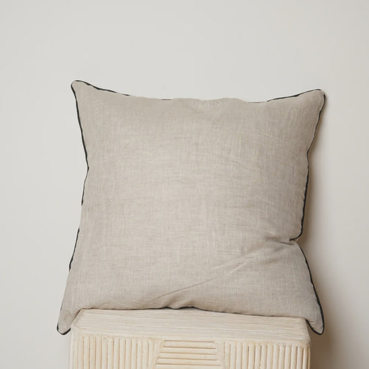100% French Flax Linen Piped Feather Filled Cushion - Natural Oat/Black